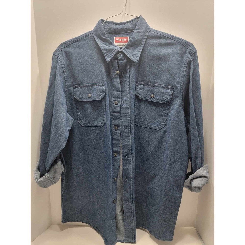 Mens Wrangler Size M Comfort Flex Blue Denim Shirt Long Sleeve Cotton Blend